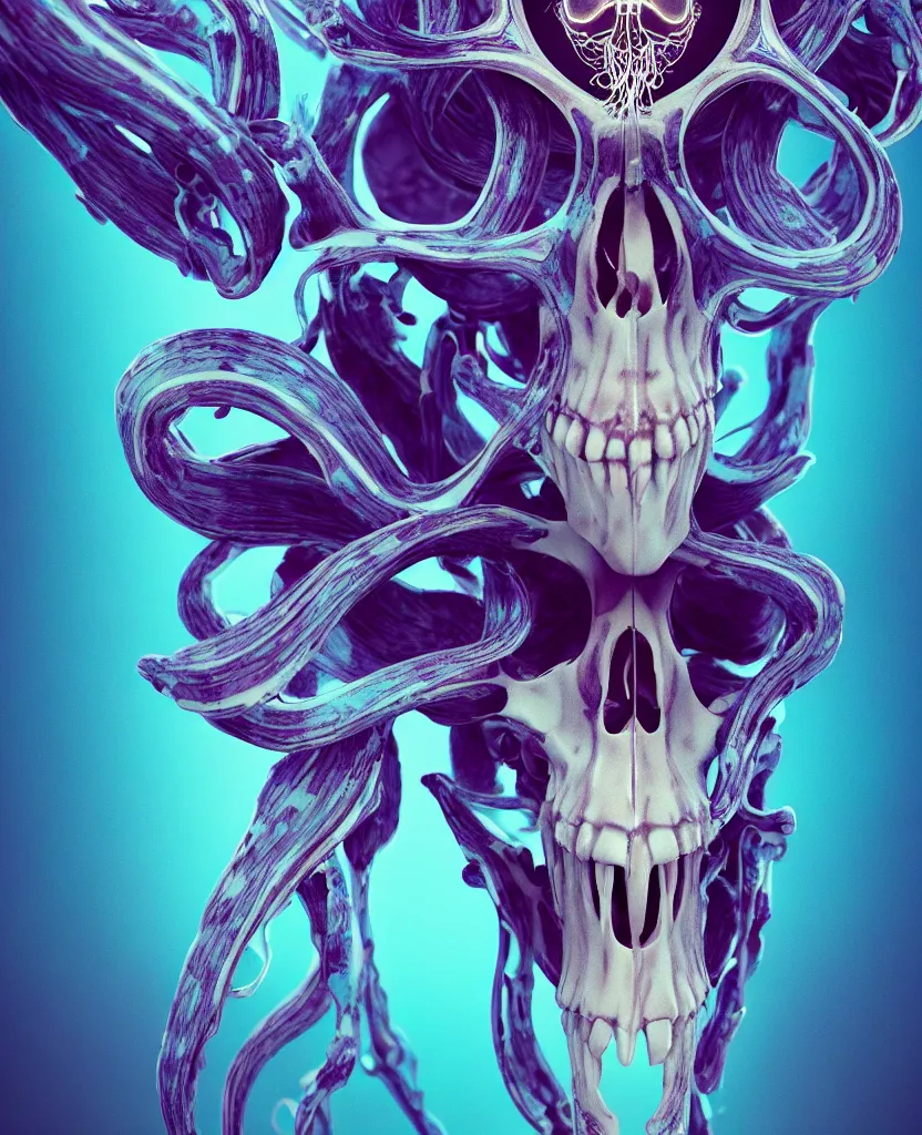 Image similar to symmetry!! goddess close - up portrait human skeleton, ram skull, squid phoenix jellyfish, orchid, betta fish, bioluminiscent, intricate artwork by tooth wu and wlop and beeple. octane render, trending on artstation, greg rutkowski very coherent symmetrical artwork. cinematic, hyper realism, high detail, octane render, 8 k