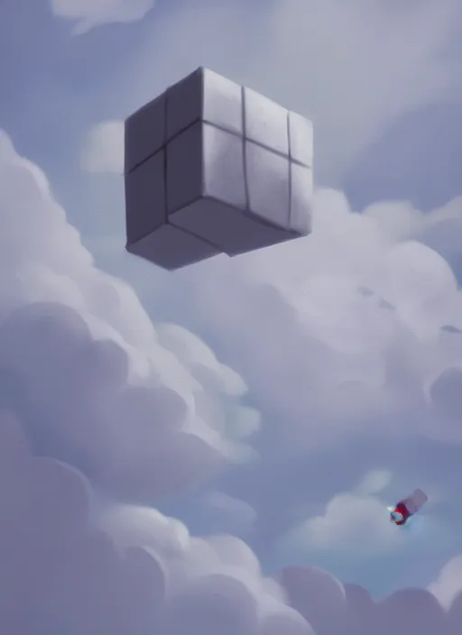 Image similar to a cell - shaded studio ghibli concept art study of a grey cube in the sky. a fighter shot is chasing the cube. wide shot, very dull colors, hd, 4 k, hq