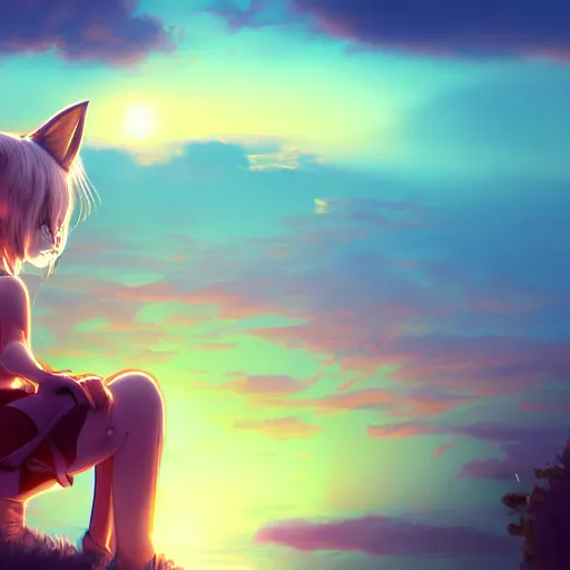 Prompt: catgirl looking at a sunset, digital art, by Yoshitaka Amano, trending on artstation, 4k