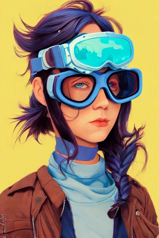 Prompt: portrait painting of a teenage girl with swept back wild blue hair, fashionable, windy, goggles, sharp focus, award - winning, cinematic pose, cinematic lighting, trending on artstation, masterpiece, highly detailed, intricate. art by josan gonzales and moebius and deathburger