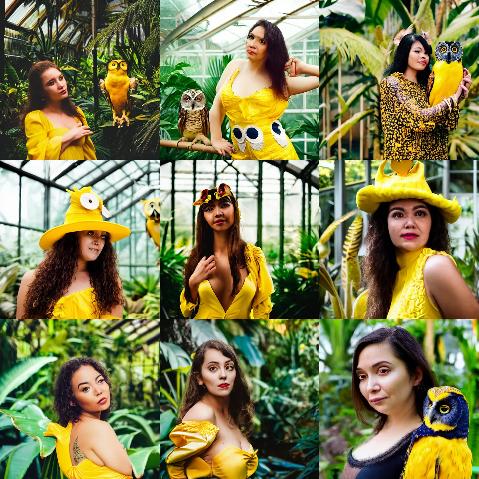 Prompt: close up portrait of beautiful woman wearing a yellow costume in a tropical greenhouse with an owl on her shoulder, bokeh, cinematic colors