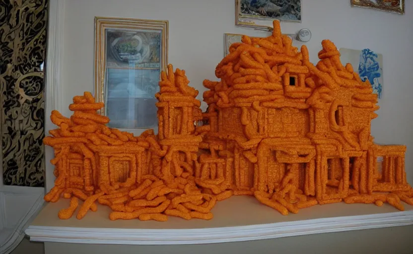 Prompt: beach house made of cheetos, rococo style, extremely detailed