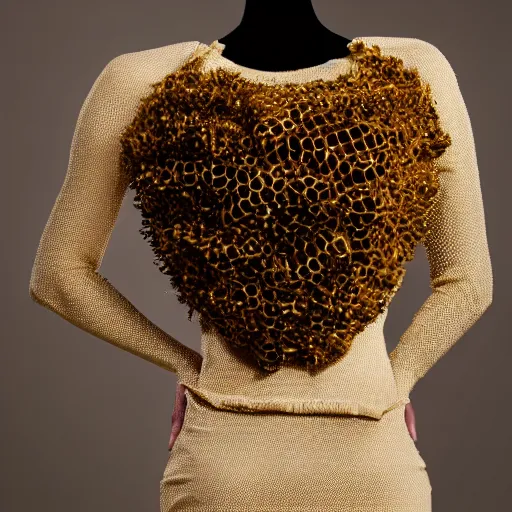 Prompt: a beautiful dress made of a real bee hive, on a mannequin. high resolution, studio lighting