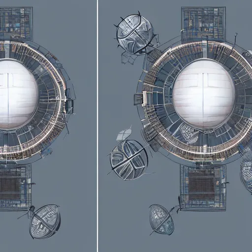 Image similar to top view, side view and front view of a science fiction space station, concept art, digital art