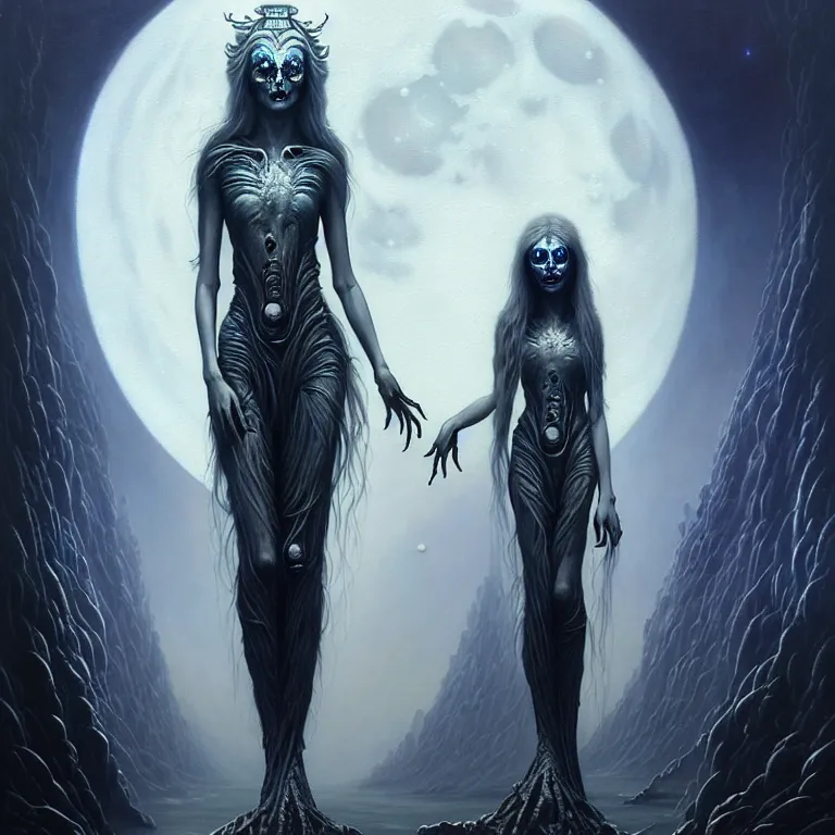 Image similar to skewed in the void, hr giger and cgsociety. one stunning luna goddess of personification of the moon by charlie bowater and tom bagshaw, insanely detailed, artstation, space art. sparkling flower fractules surrounded by skulls and robots deep under the sea, horror, fantasy, surrealist painting, by peter rohrabacher annatto finnstark