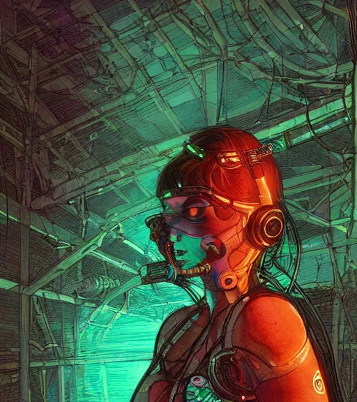 Image similar to a cyberpunk diver Polynesian woman swims through a dark bioluminescent alien coral reef, techwear, Industrial Scifi, detailed illustration, character portrait, by Martin Grip and Moebius