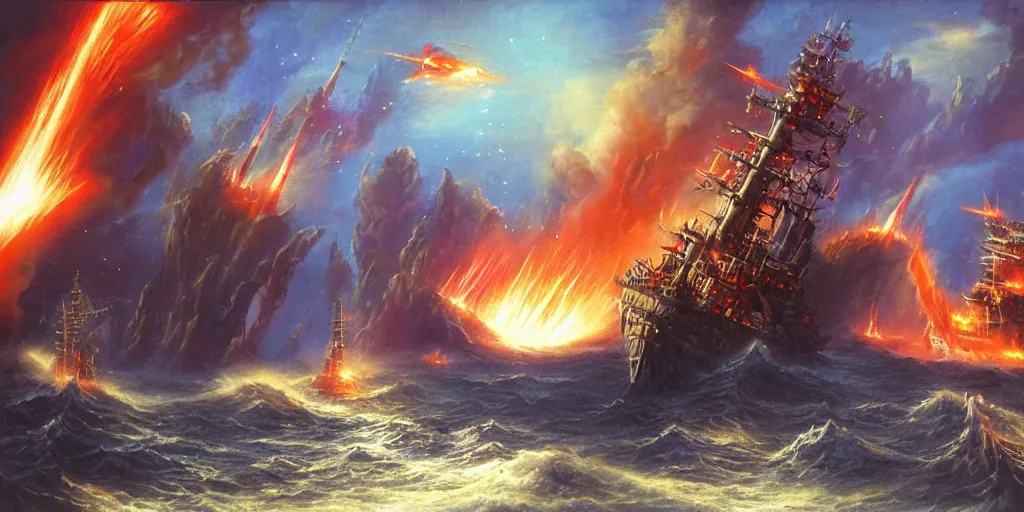 Prompt: beautiful matte fantasy painting attack ships on fire off the shoulder of orion