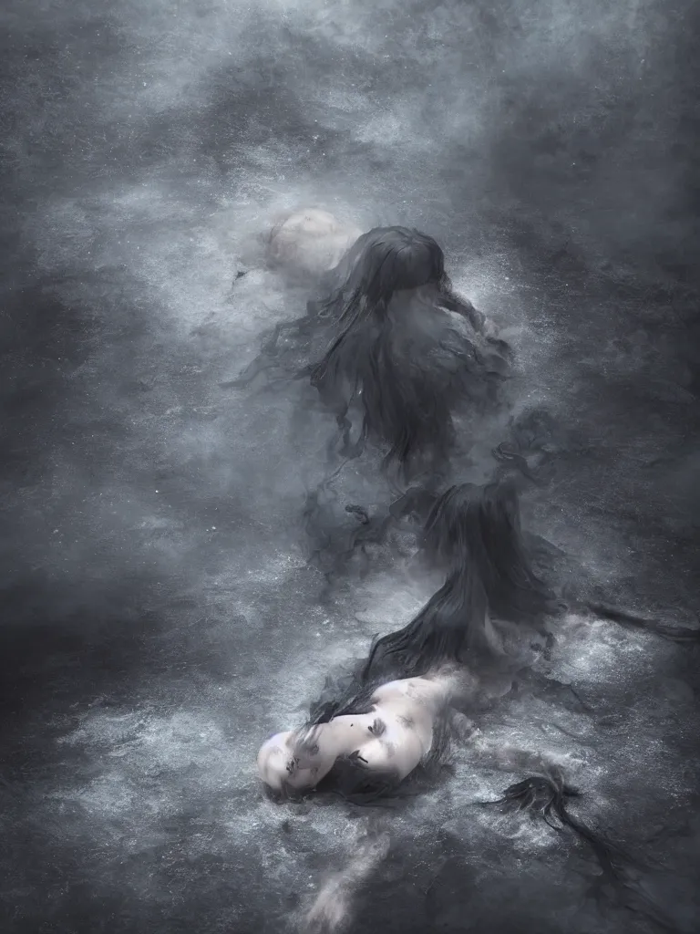 Image similar to cute fumo plush of a cursed frail witch girl sinking deep into an inky black reflective pond of blackness swirling with strange energetic fluid, melting volumetric smoke and fog, environment map pbr reflective water, goth, vignette, vray