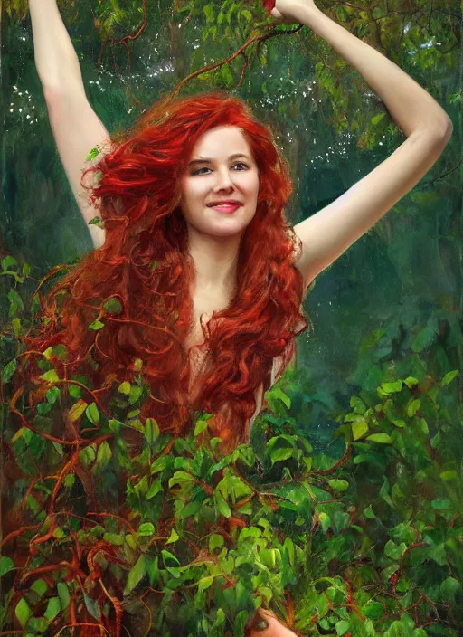 Prompt: full body portrait of a beautiful woman with fire red wavy hair, loosely clothed in vines, sitting on a bench, leaning backwards, arms reaching out to her sides, with a mischievous smile, dense foliage in the background by Jeremy Mann, vivid colors, green hue, stylized, detailed, loose brush strokes