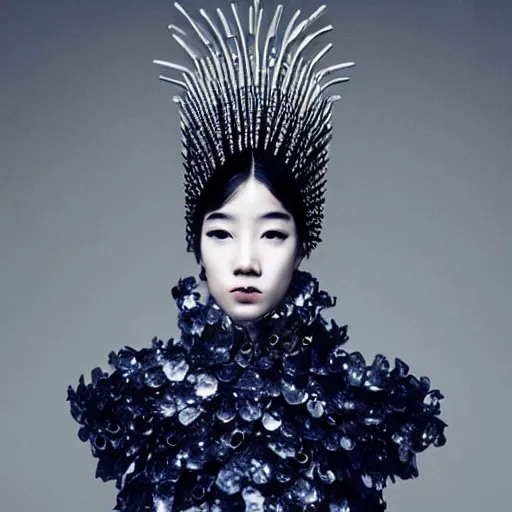 Prompt: a beautiful young female asian model wearing a headpiece made by maiko takeda, photoshot by erwin olaf