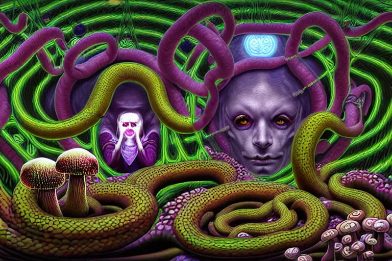 Image similar to a detailed digital art painting of a cell shaded cyberpunk ornate magick oni demon with occult futuristic effigy of a beautiful field of mushrooms that is a adorable ferret atomic latent snakes in between lizard biomorphic molecular psychedelic hallucinations in the style of escher, alex grey, stephen gammell inspired by realism, symbolism, magical realism and dark fantasy, crisp