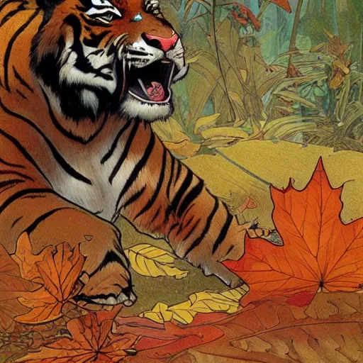 Image similar to a highly detailed cartoon tiger waving a leaf fan, autumn leaves on the ground, concise lines, ultradetailed environment, sharp focus, cinematic lighting, by alphonse maria mucha and kim jung gi