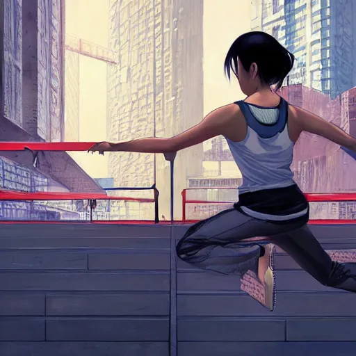 Image similar to a portrait of an asian female parkour runner with a black tank top and white running pants, city setting, vivid colors, soft lighting, atmospheric, cinematic, moody, in the style of Ilya Kuvshinov and Range Murata, Krenz Cushart, rule of thirds, oil on canvas, 8k