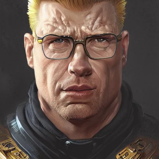 Prompt: portrait of Duke Nukem as President, epic, intricate, headshot, highly detailed, digital painting, artstation, concept art, sharp focus, illustration, art by artgerm and greg rutkowski and alphonse mucha