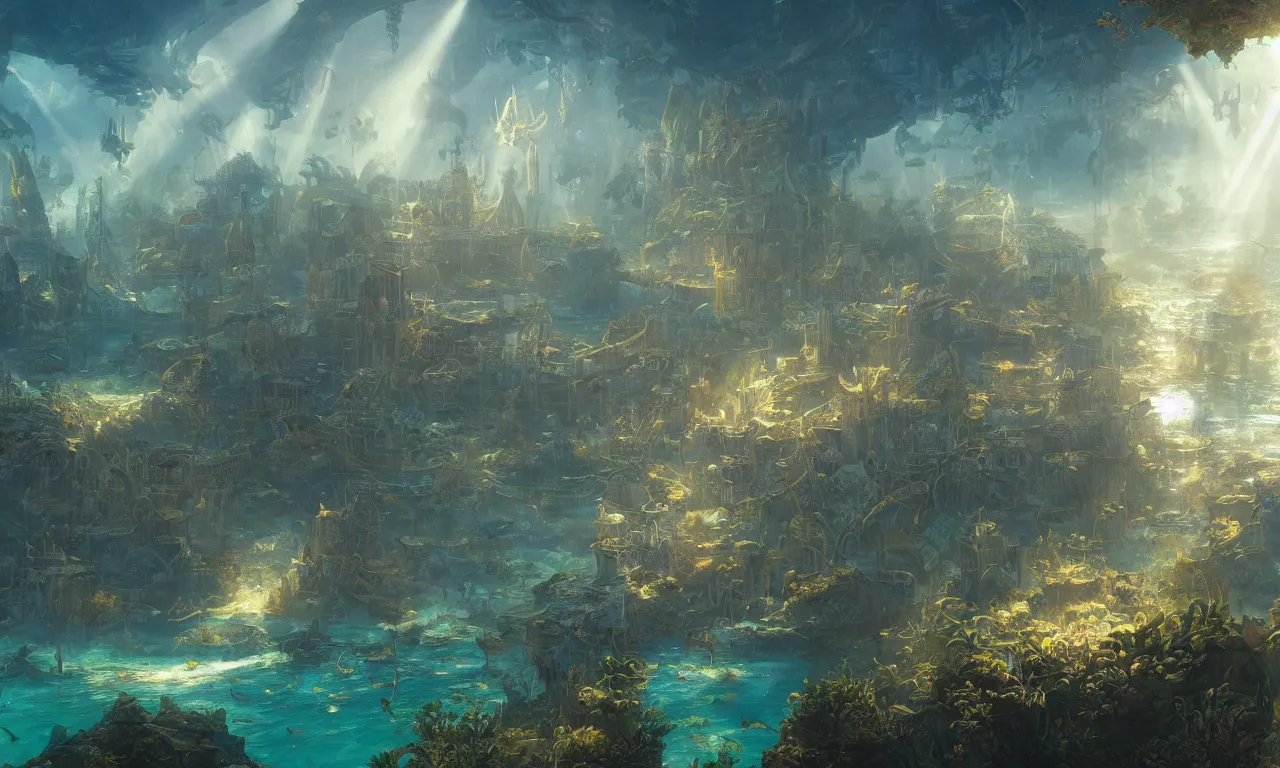 Image similar to a scenic landscaping view of the lost and abandoned city of Atlantic under water, ray of sunlight, mermaids in distance, Greg Rutkowski, Moebius, Mohrbacher, Mucha, blue and gold color scheme, ultra wide angle, ultra detailed, light effect