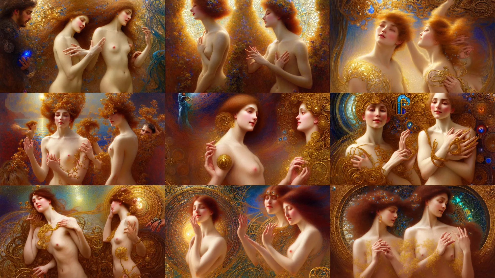 Prompt: intuitive artistic representation of the ultimate joy of ai and human mind reenacting the grand creation where the human is the ( creator ) and the ai is ( the creating ). intricate, elegant, highly detailed, digital painting, artstation, concept art, smooth, sharp focus, illustration, art by gaston bussiere and alphone mucha