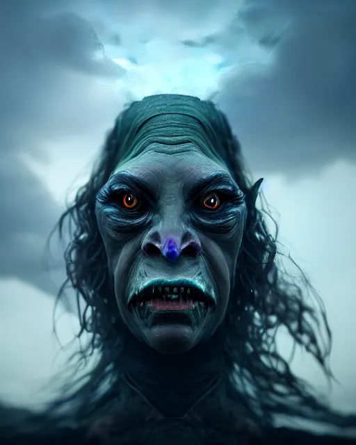 Image similar to a close up portrait of a creepy grotesque sea witch with dark turbulent skies, photorealistic, by jessica rossier, 4 k resolution