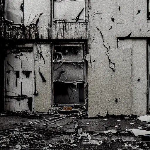 Prompt: A filthy cracked building, vegetation forming, in a town filled with pale yellow mist. Dystopian. End of the world. Film grain. Documentary photo. Sigma 40mm f/1.4 DG HSM