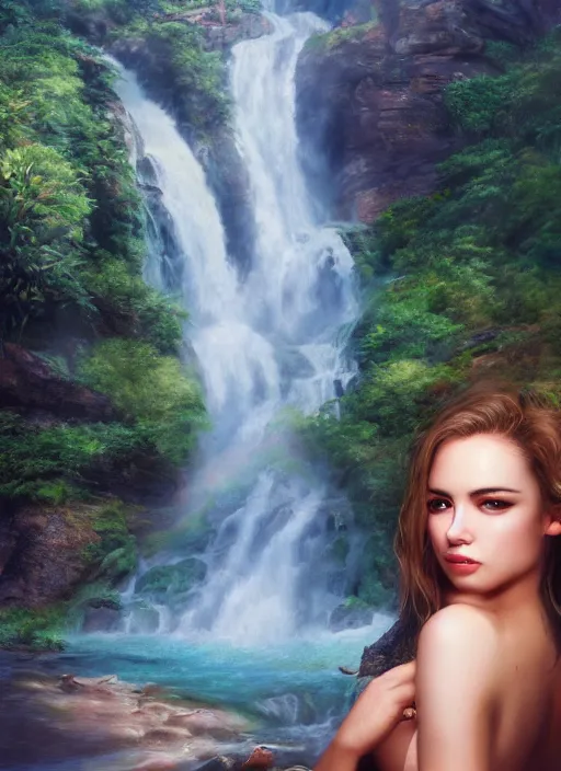 Prompt: a beautiful female photo, professionally retouched, soft lighting, at luxury resort with waterfalls in background, realistic, smooth face, perfect eyes, wide angle, sharp focus on eyes, 8 k high definition, insanely detailed, intricate, elegant, art by artgerm and wlop