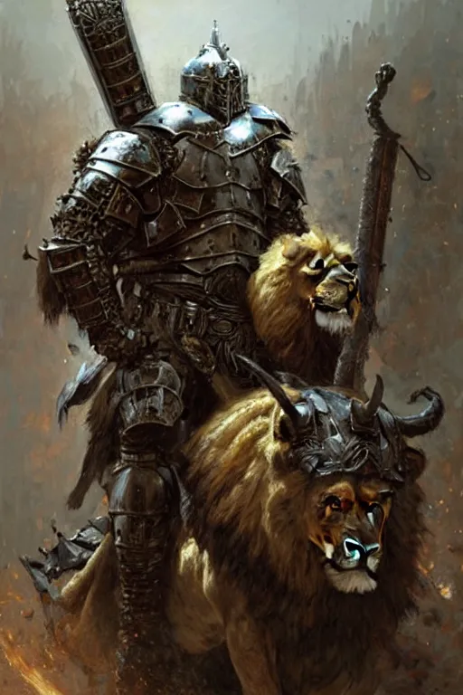 Image similar to giant hulking heavily armoured fantasy warrior with a lion head hood with a backpack full of swords and axes, portrait dnd, painting by gaston bussiere, craig mullins, greg rutkowski, yoji shinkawa