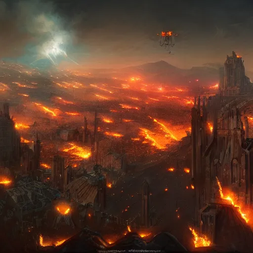 Prompt: big bright city of minas tirith under the attack of a dark demonic army drone shot, a field of fire and smoke, war, 8 k concept art, digital painting, dark colors, realistic, cinematic lighting, raymond swanland, peter mohrbacher