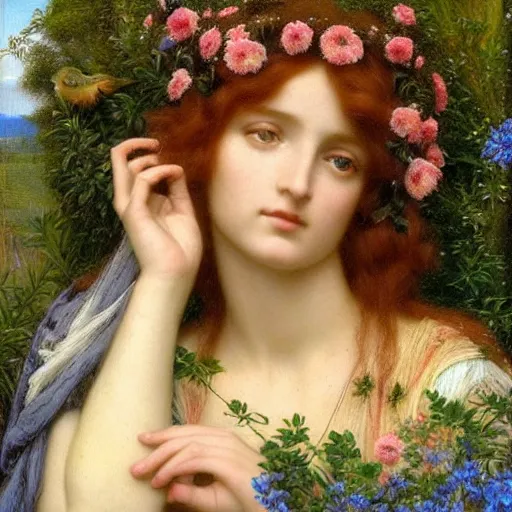 Image similar to Beautiful Pre-Raphaelite goddess of nature with a little bird sitting on top of her head, in the style of John William Godward, close-up portrait, head in focus, flowers and plants, etheric, moody, intricate, mystical,