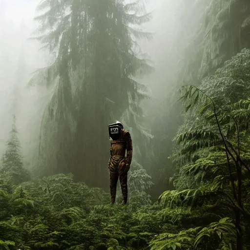 Prompt: a full length portrait of a giant autonomous spaceman in a misty rainforest, surrounded by lush ferns and fir trees. surrounded by mountains and clouds and mist. featured on