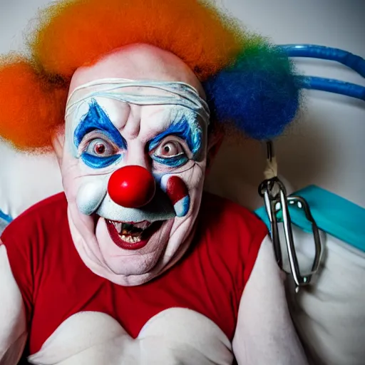 Image similar to crazy elderly clown supine in hospital bed, strapped into bed with restraints, trying to get out but unsuccessful, photograph, 8 k