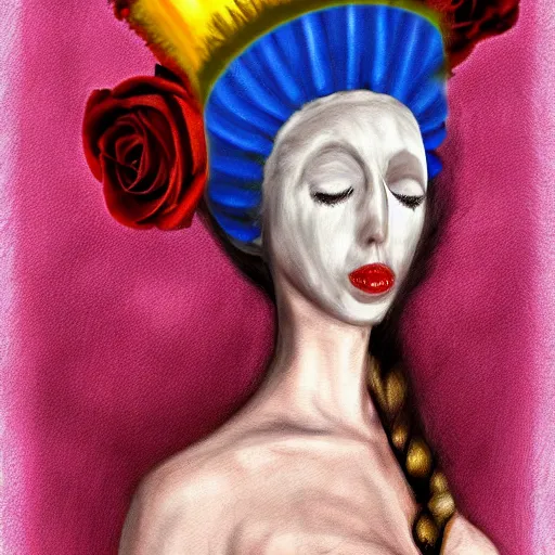 Image similar to a digital painting of a faceless woman wearing a crown made of mute color roses and a satin dress dada, surrealism, social realism, abstract expressionism, pop art, op art, minimalism