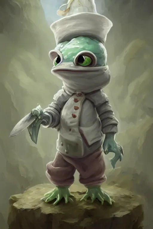 Prompt: cute anthropomorphic frog wearing a white butcher coat with a white butcher hat and holding a cleaver knife ,tiny, small, miniature frog, baby animal, short, pale blue armor, cute and adorable, pretty, beautiful, DnD character art portrait, matte fantasy painting, cgsociety Artstation, by Jason Felix by Steve Argyle by Tyler Jacobson by Peter Mohrbacher, cinematic lighting