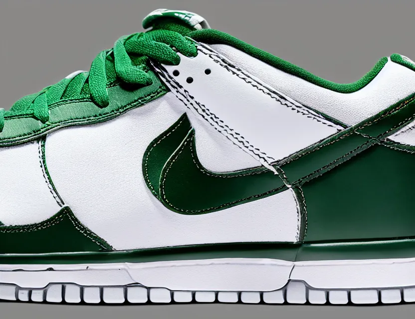 Image similar to a press photograph of nike dunk low pine green and white, size 1 0, white background