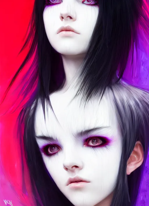 Image similar to whitebangs, black hair, black cyberlox, portrait of normal teenage girl, normal face, white bangs, fluffy bangs, cyberlox, whitebangs, red contact lenses, purple background, intricate, elegant, highly detailed, digital painting, artstation, concept art, sharp focus, smooth, illustration, art by wlop, mars ravelo and greg rutkowski