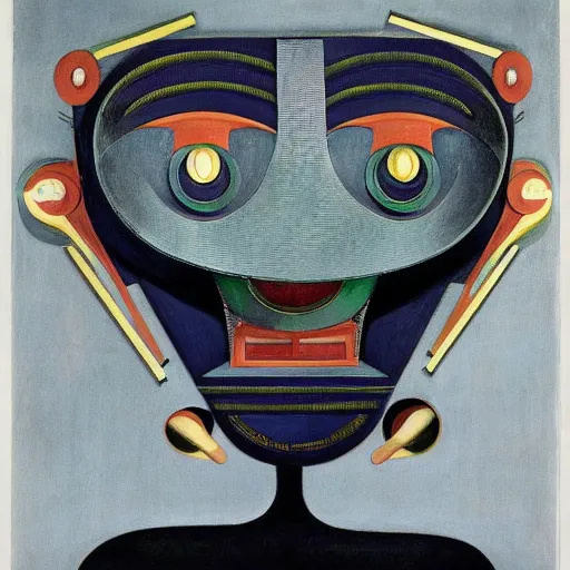 Image similar to the robot wearing her human mask, by christopher kit williams and diego rivera, symbolist, dramatic lighting, elaborate geometric ornament, art brut, god rays, soft cool colors, smooth, sharp focus, extremely detailed