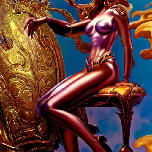 Prompt: an airbrush painting of a nice looking girl with beautiful forms dressed in shiny leather, seated legs spread on a throne in a fantasy land, by hajime sorayama and boris vallejo, trending on artstation, 4K
