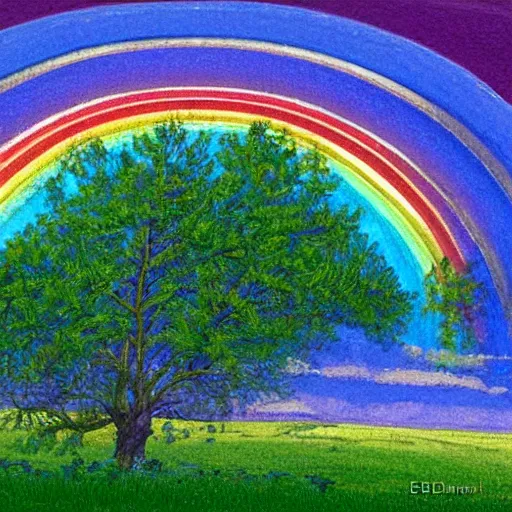 Image similar to A illustration of a beautiful landscape, delicate brushstrokes. peaceful & serene, with a gentle breeze blowing through the trees & flowers. colors are muted & gentle, calm & tranquility. well balanced & harmonious. color & composition, pleasing to the eye & calming to the soul. rainbow by Ed Emshwiller ornamented, exciting