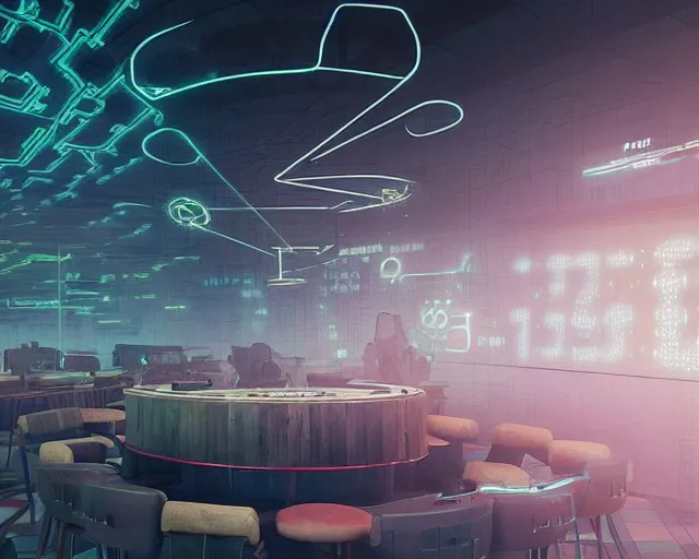 Image similar to futuristic cafe interior, binary code pattern, matrix, ismail inceoglu