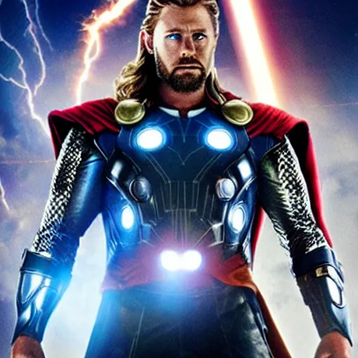 Image similar to promotional image of Thor as Iron Man in Iron Man（2008）, he wears Iron Man armor without his face, movie still frame, promotional image, imax 70 mm footage