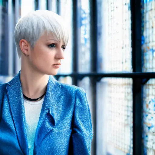 Prompt: hyperdetailed photo of a serious woman with light blue eyes short hair in a cybercity, wearing fashion suit, inside berghain, classic, photo 3 5 mm leica, hyperdetail, 8 k, very detailed, fine face