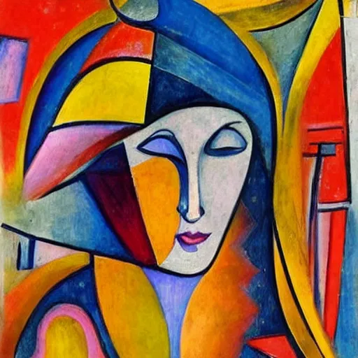 Prompt: woman in glorious robes rose up vast as the skies, old as the mountains and formless as starlight to shelter the precious memories, matter, messages, high quality abstract art in the style of cubism and davinci and cubism,