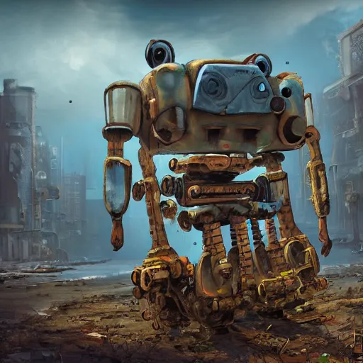 Prompt: Huge Sponge Bob mecha robot abandoned under a bridge. rusting, apocalyptic dystopia. unreal engine, 4k, trending on artstation, digital painting, highly detailed
