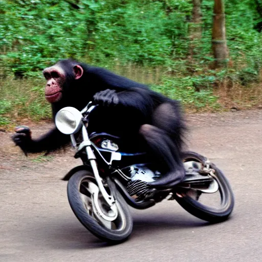 Prompt: running away from a possessed chimpanzee on a motorcycle