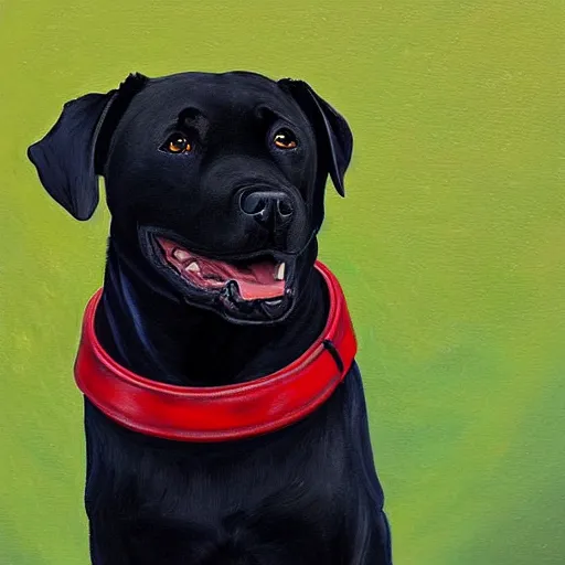 Image similar to painting of a black pitbull lab wearing red collar