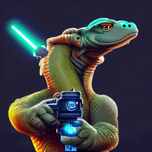 Image similar to “ komodo dragon in the style of zootopia holding laser gun, floating alone, with a black background, digital art, award winning, trending on art station, retro style ”