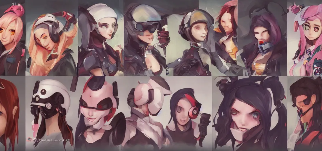 Prompt: concept art of female video game characters head designs, egirls, disgaea, flcl, overwatch, by marc brunet and artgerm