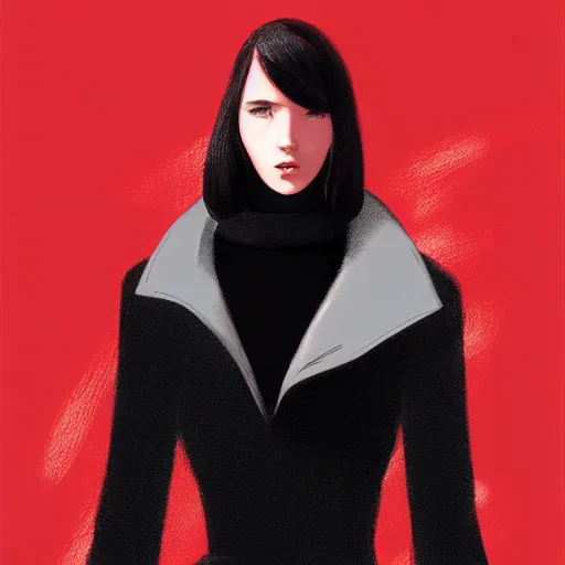 Prompt: girl in dark red turtleneck, black coat, elegant, 2d, ultra highly detailed, digital painting, smooth, sharp focus, artstation, portrait art by Ilya Kuvshinov