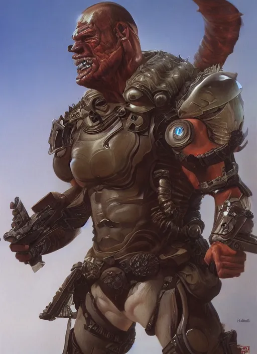 Image similar to portrait of a handsome brute warrior in a futuristic warzone. art by denys tsiperko and dan dos santos and boris vallejo. detailed, hyperrealism, macho, 8 k resolution