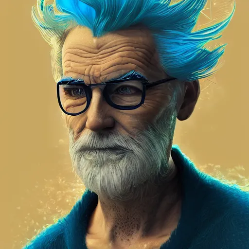 Prompt: Old man with neon blue dyed hair, gorgeous, amazing, elegant, intricate, highly detailed, digital painting, artstation, concept art, sharp focus, illustration