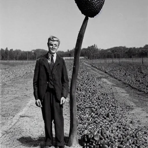 Image similar to vintage, black and white photograph of a man standing proudly next to a gigantic strawberry that is taller than he is