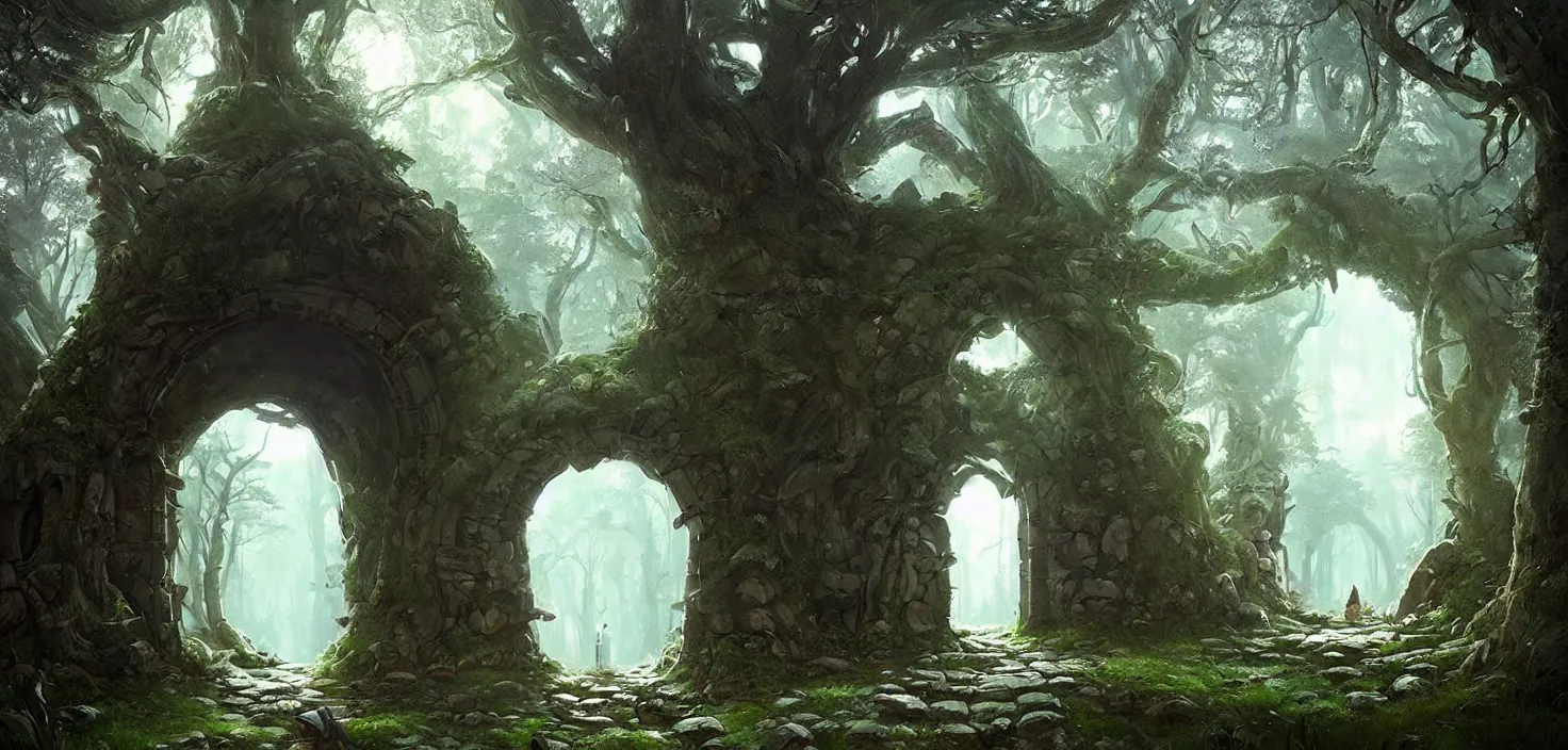 Image similar to fantasy magical fairytale portal in the forest round stone portal teleport in trees to other worlds fantastic landscape, by greg rutkowski