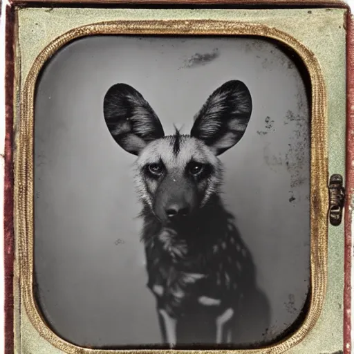 Prompt: A daguerreotype photograph of an African Wild Dog wearing a hat.